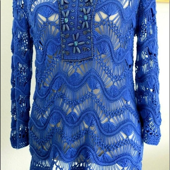 Chicos  Blue Open Knit 3/4 Sleeve Embellished V-Neck Pullover Sweater Sz… - Picture 9 of 10